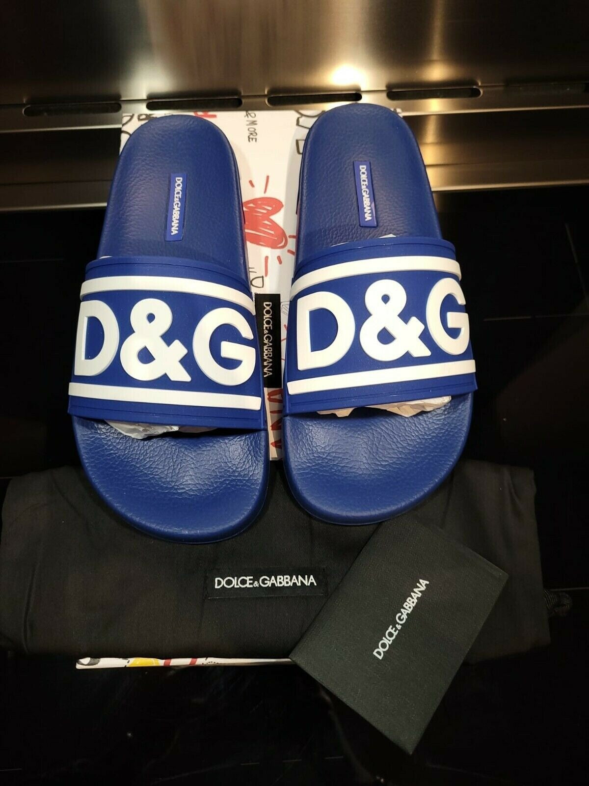 DOLCE&GABBANA Rubber Blue/White Slide Sandals New Size 39 US 6
