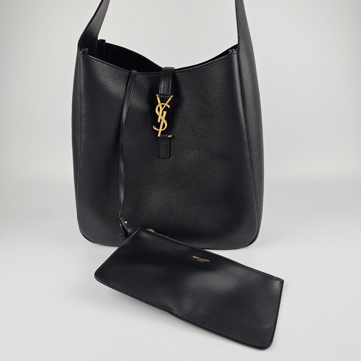 Saint Laurent Le 5 a 7  Large $3200 Black Grained Leather Shoulder Bag New