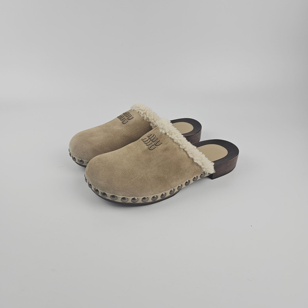 MIU MIU Desert Beige Shearling Clogs New & Authentic