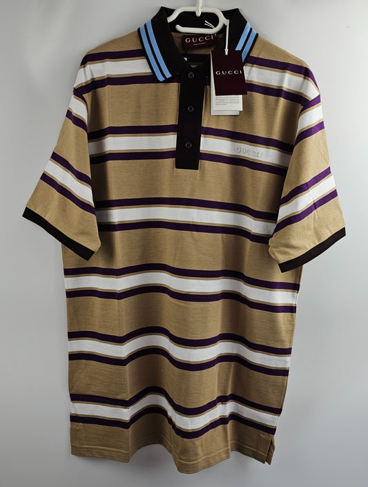 GUCCI Light Beige And Purple Cotton Striped Polo Shirt New & Authentic
