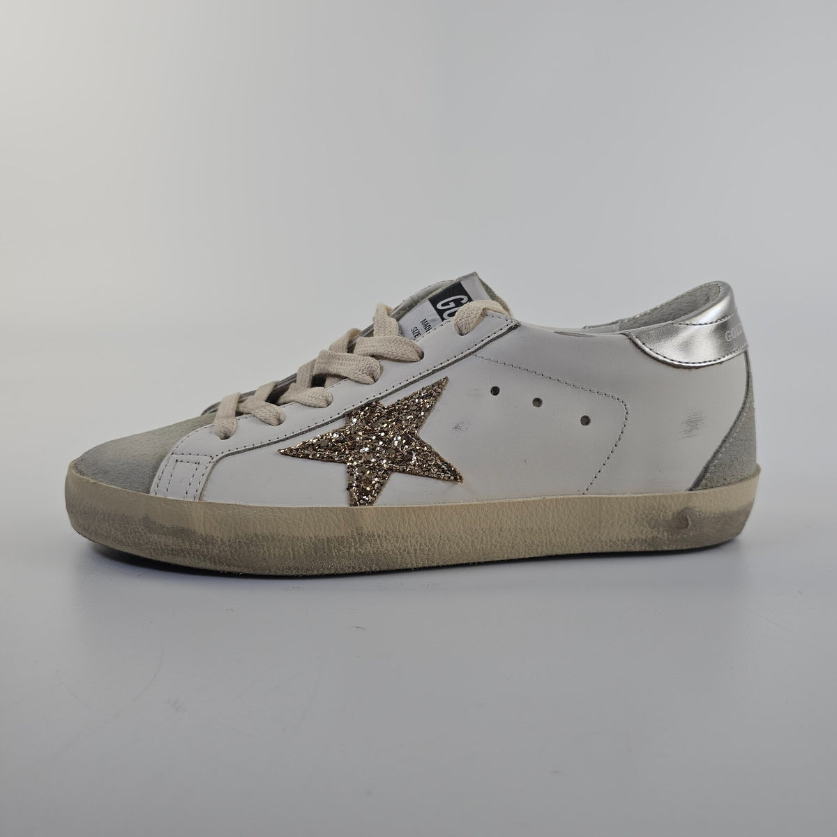 GOLDEN GOOSE Super Star Women's White/Silver Glittered Low Top Sneakers New