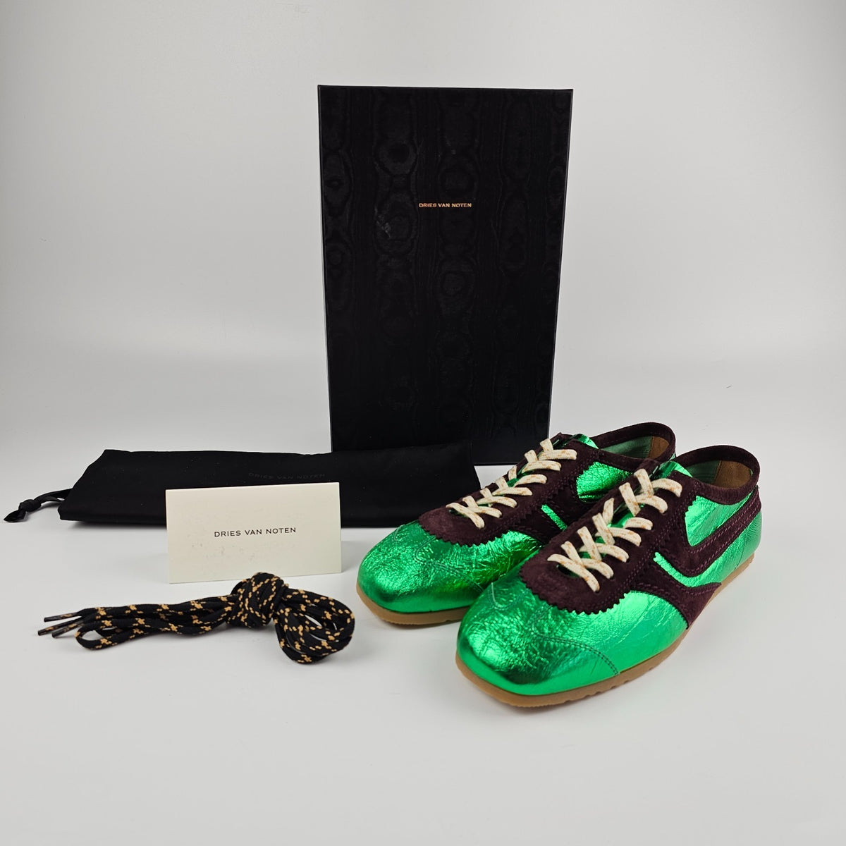DRIES VAN NOTEN Laminated Green Leather Sneakers New And Authentic