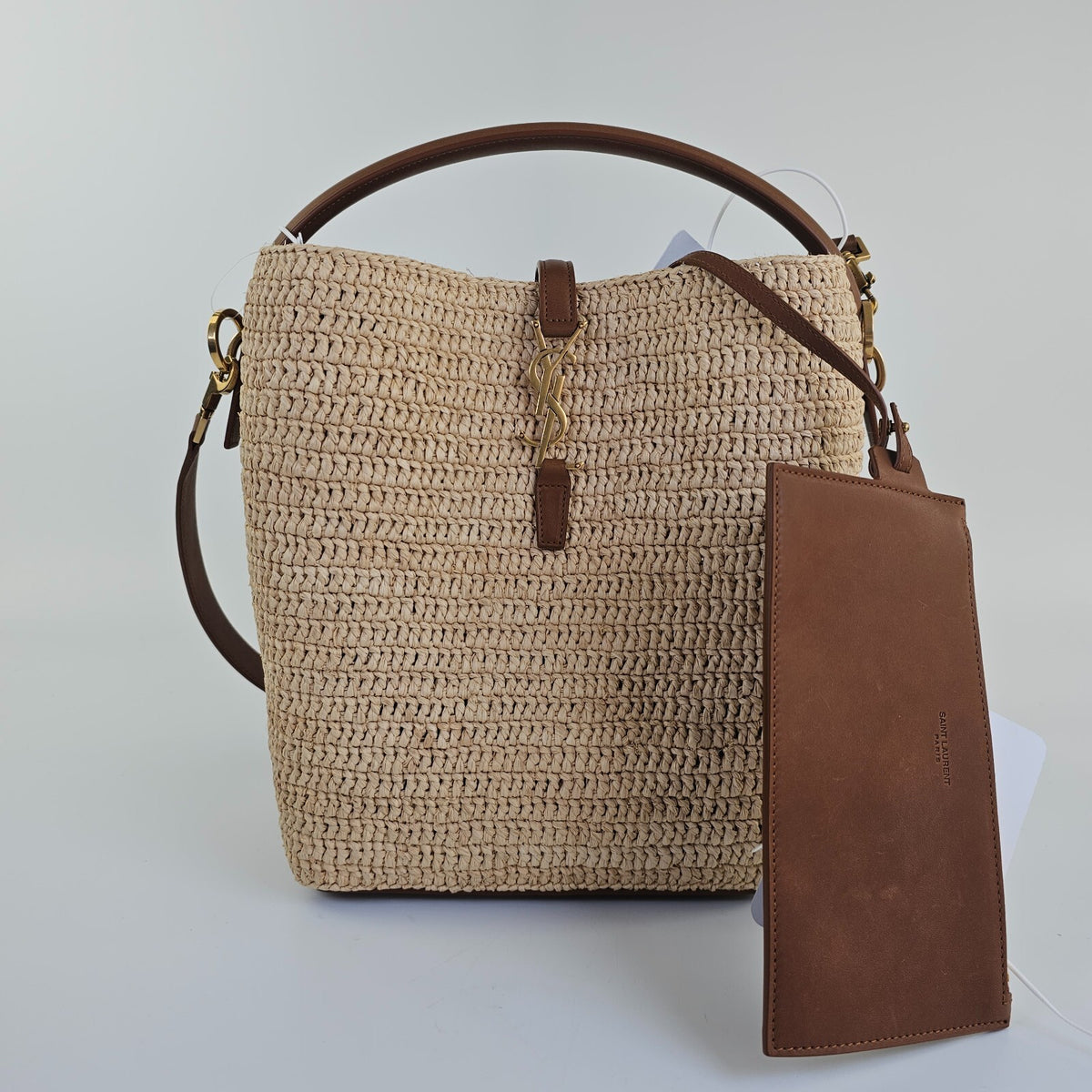 Saint Laurent Le 37 Medium $3200 Naturel/Brown Raffia Bucket Bag New & Authentic