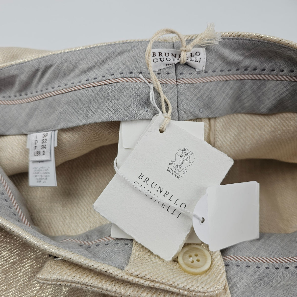 BRUNELLO CUCINELLI Panama/Platinum  Linen Trousers New & Authentic