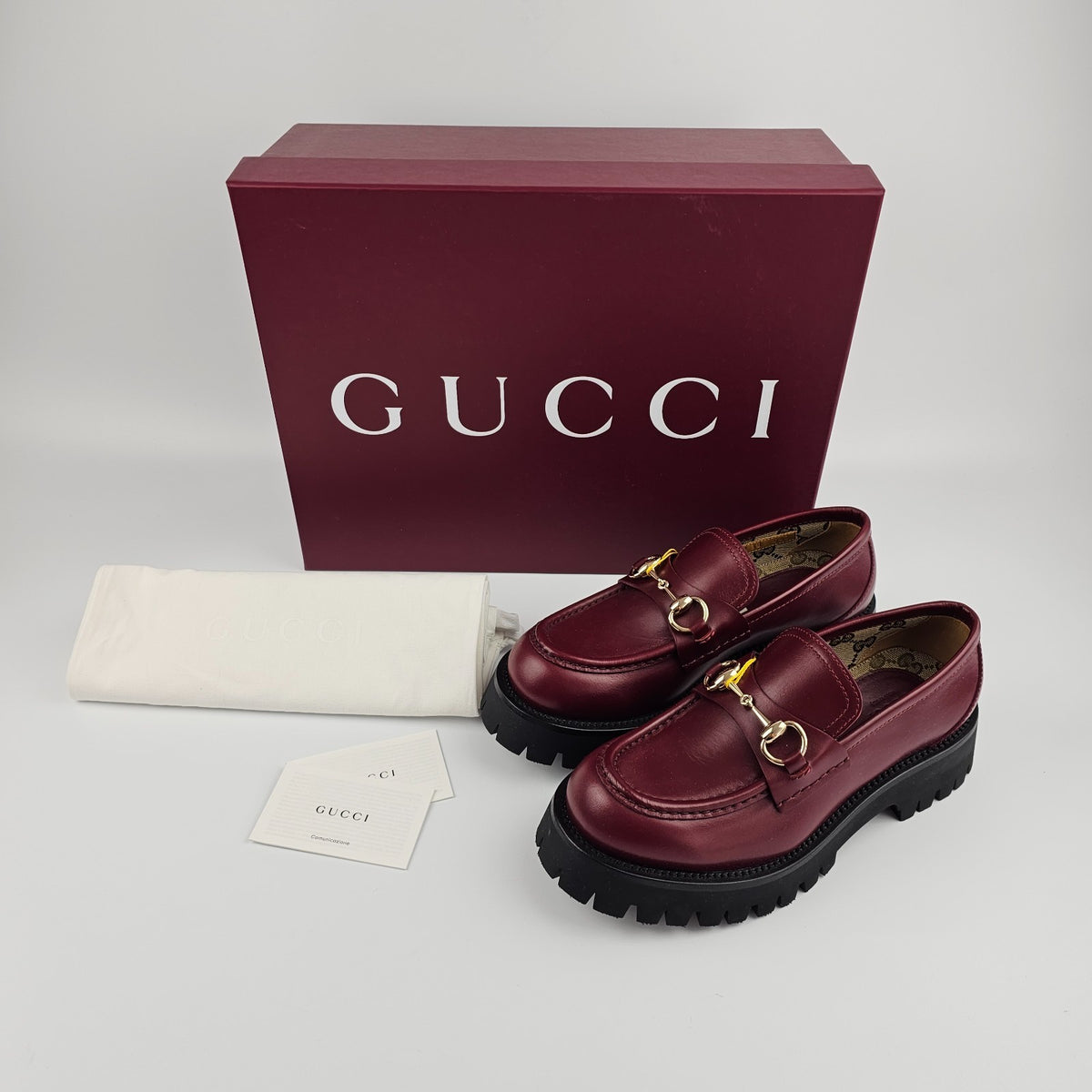 GUCCI $1220 Women's Rosso Ancora Red Lug Sole With Horsebit Loafers New