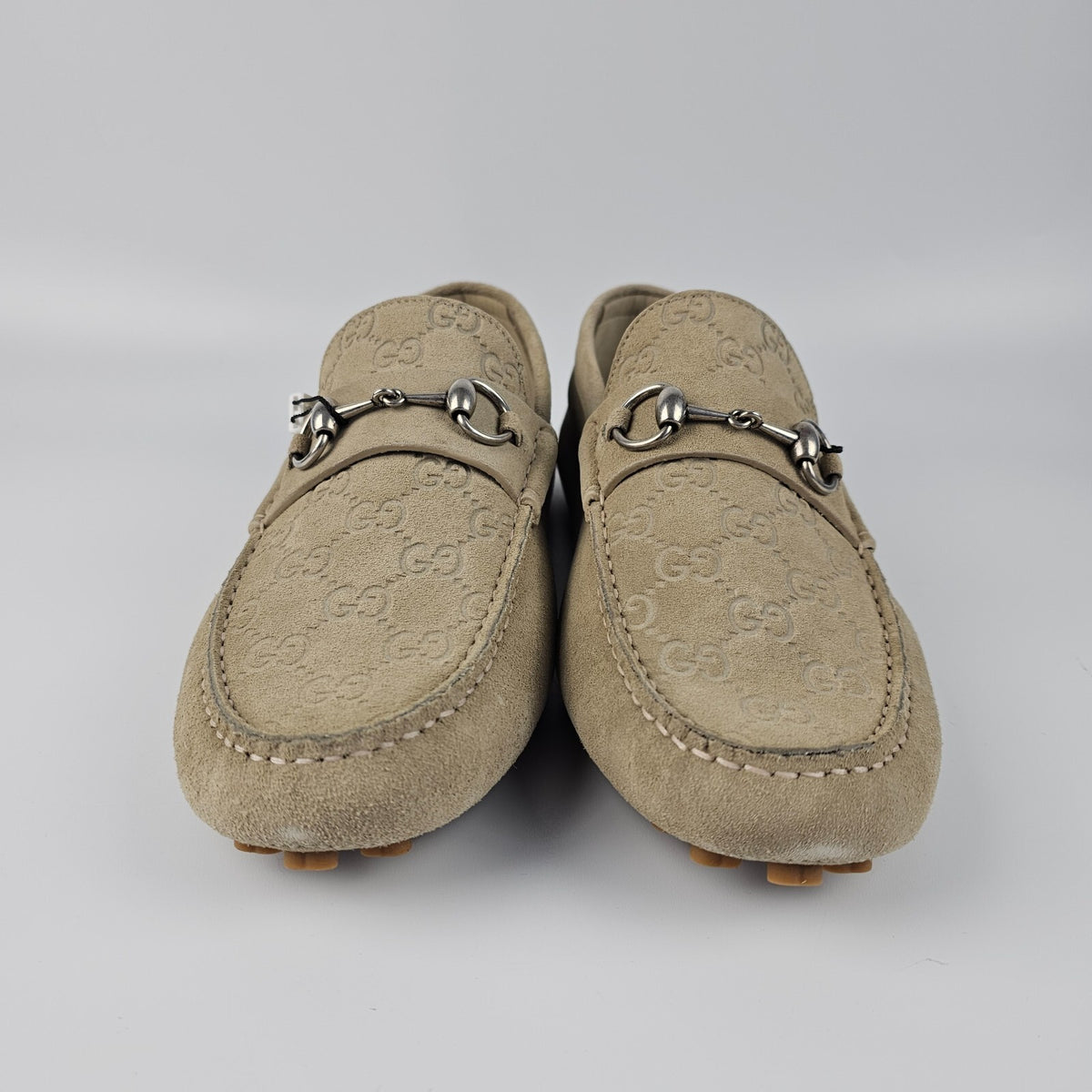 GUCCI $895 Men's Oatmeal GG Suede With Horsebit Loafers New & Authentic
