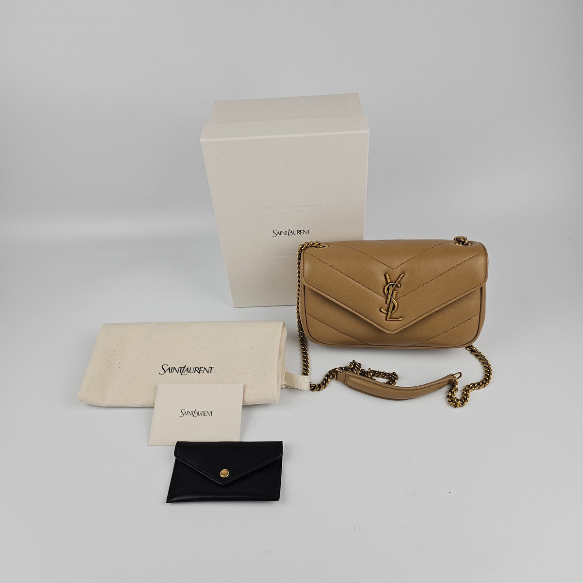SAINT LAURENT Loulou Mini $2150 Natural Tan Leather Shoulder Bag New