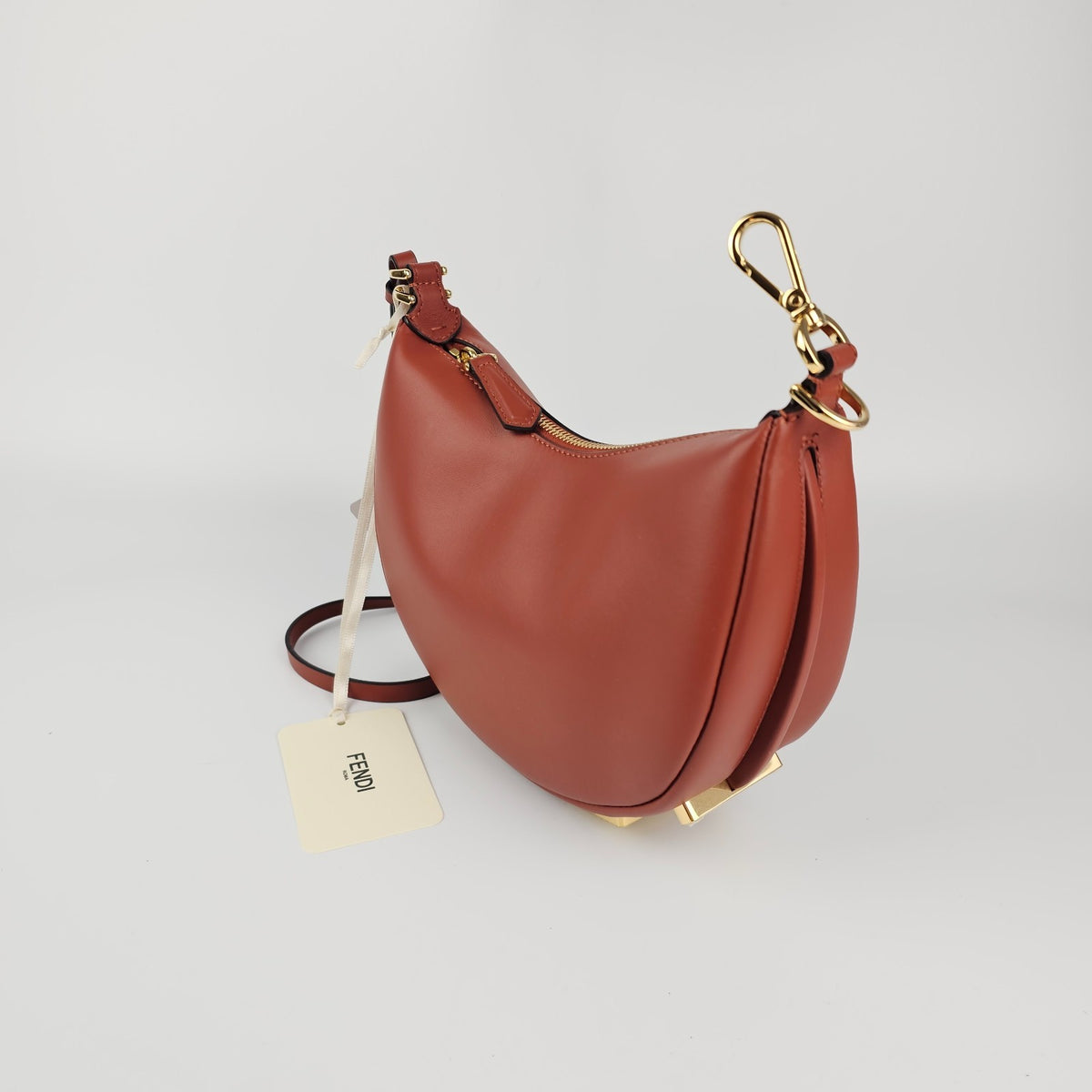 FENDI Fendigraphy Mini $2350 Sienna Brown Leather Top Handle Bag New & Authentic