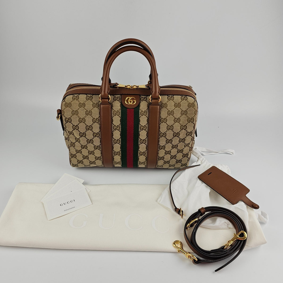 GUCCI Ophidia Medium Boston $2600 Beige/Brown Top Handle Bag New & Authentic