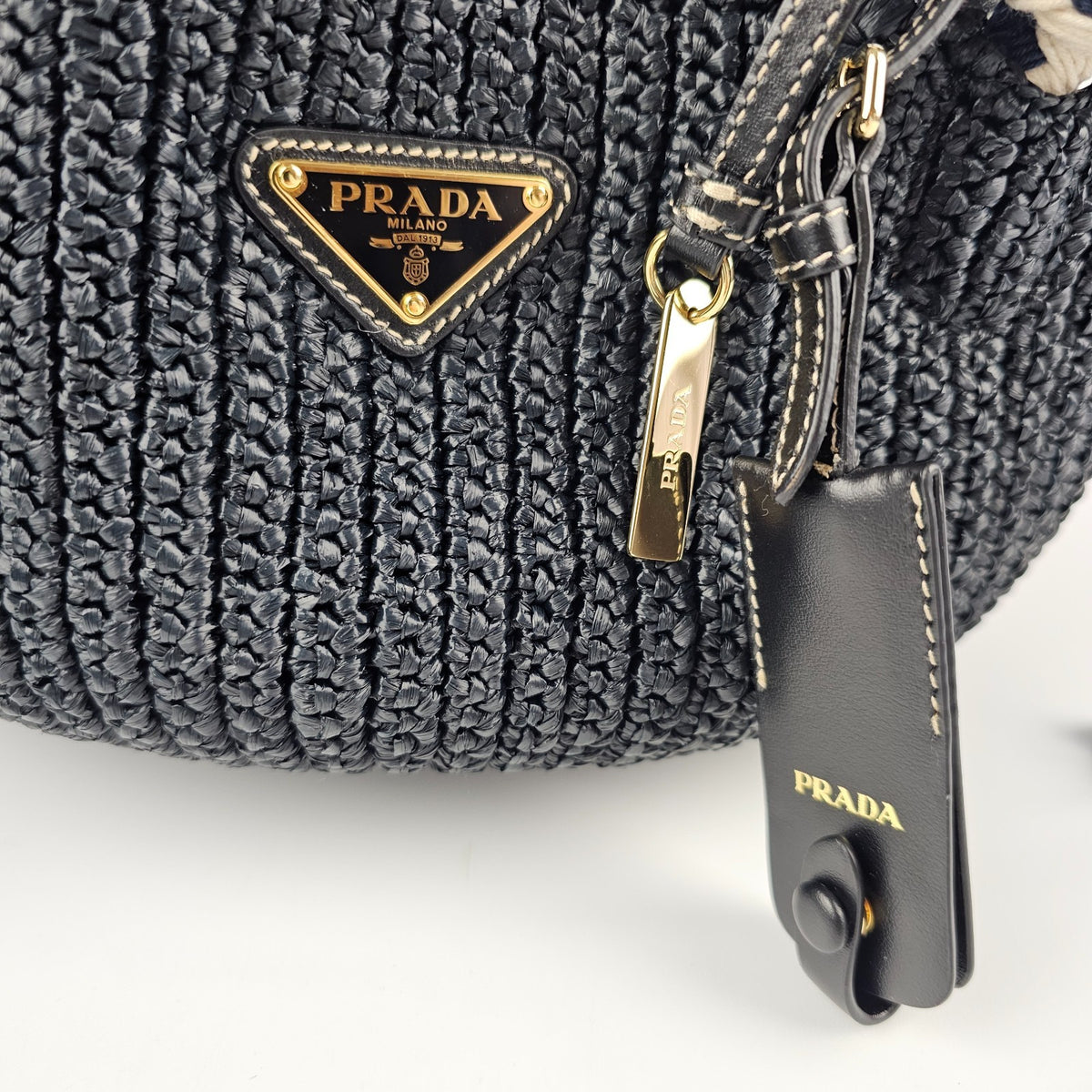 PRADA Small Basket Black Raffia Top Handle Bag New And Authentic