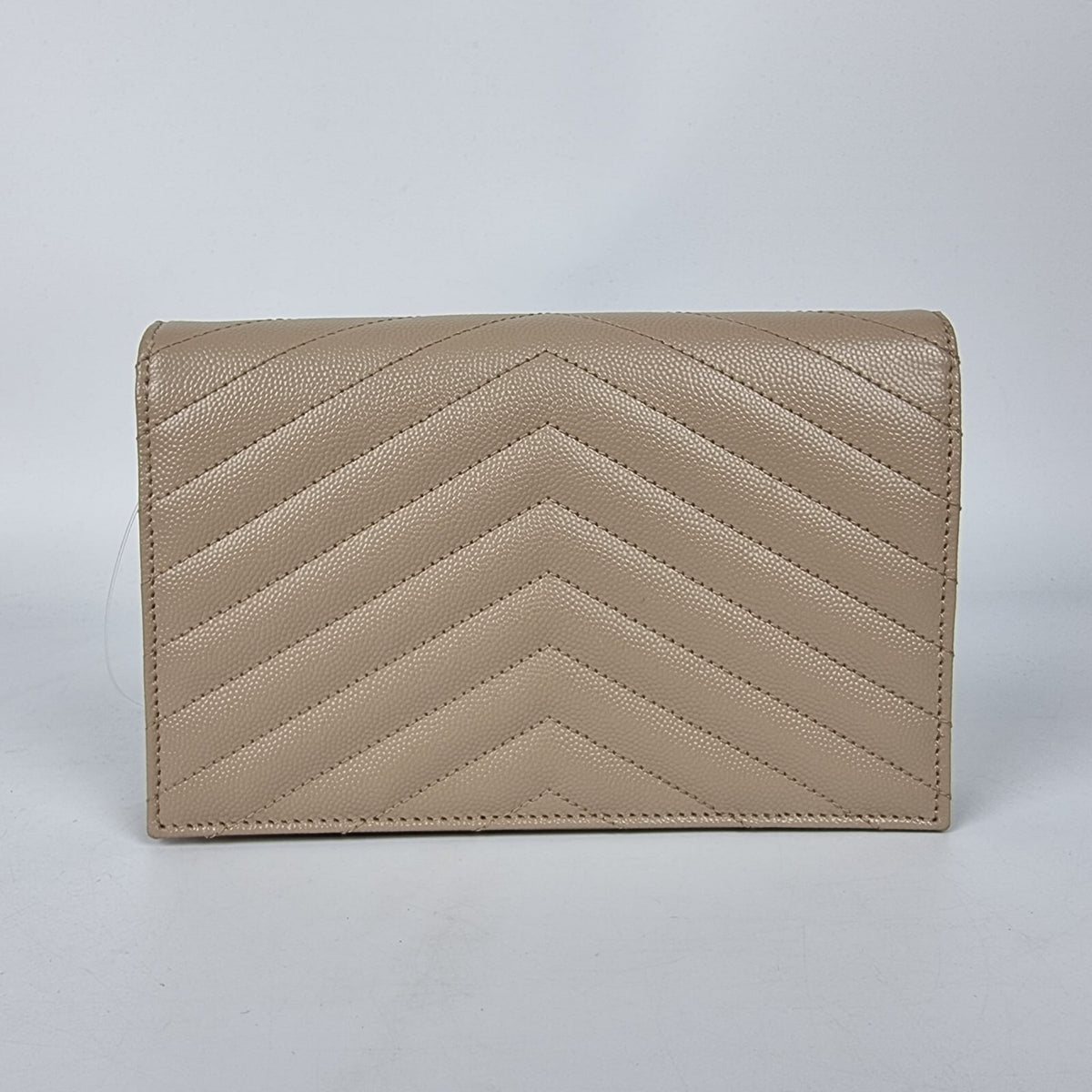 SAINT LAURENT Cassandre Envelope Dark Beige Grained Leather Chain Wallet New