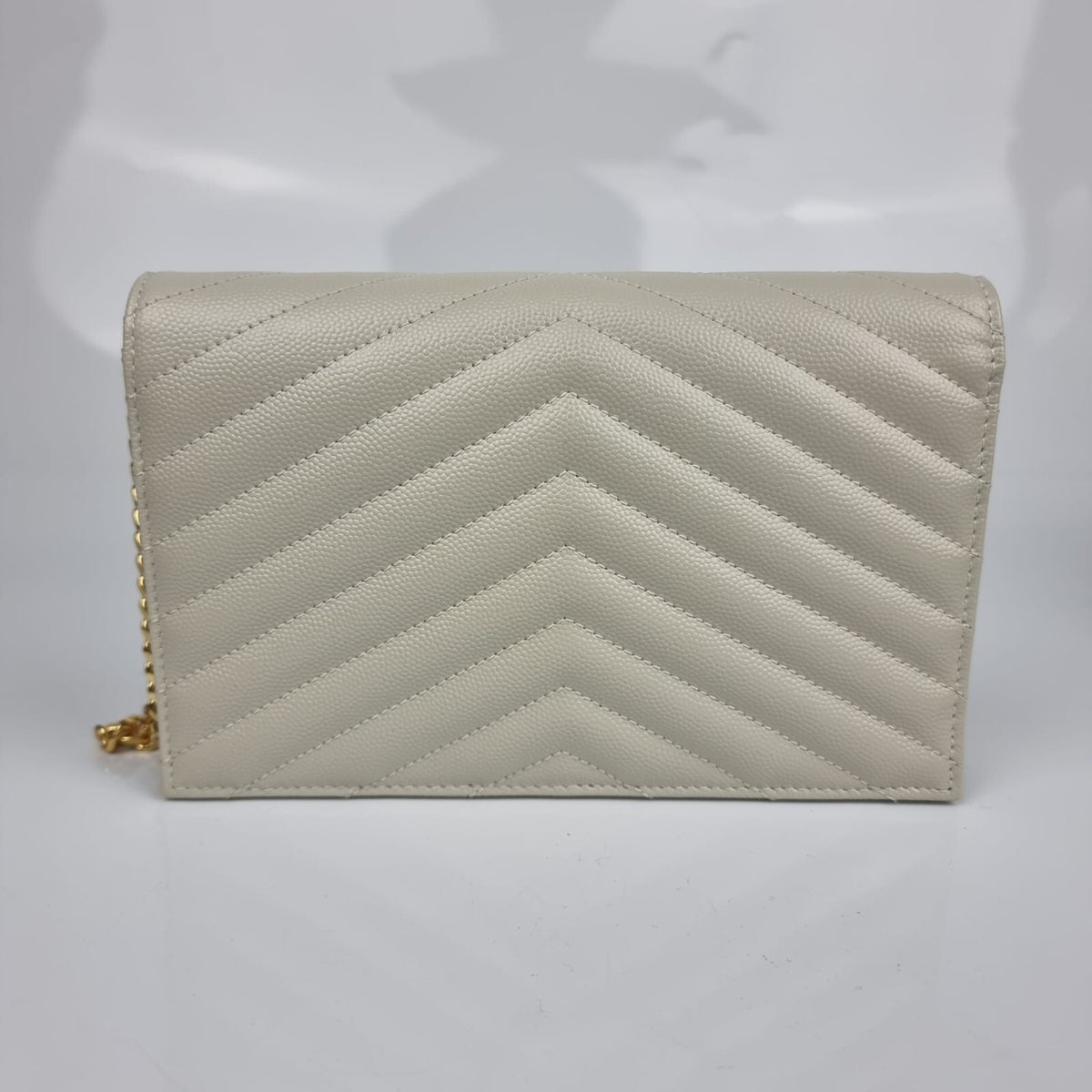 SAINT LAURENT Cassandre Envelope Crema Soft Grained Leather Chain Wallet New