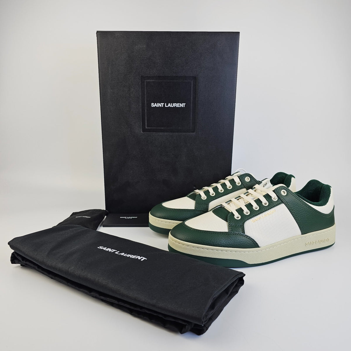 SAINT LAURENT SL/61 $880 White/Dark Green Perforated Leather Sneakers New