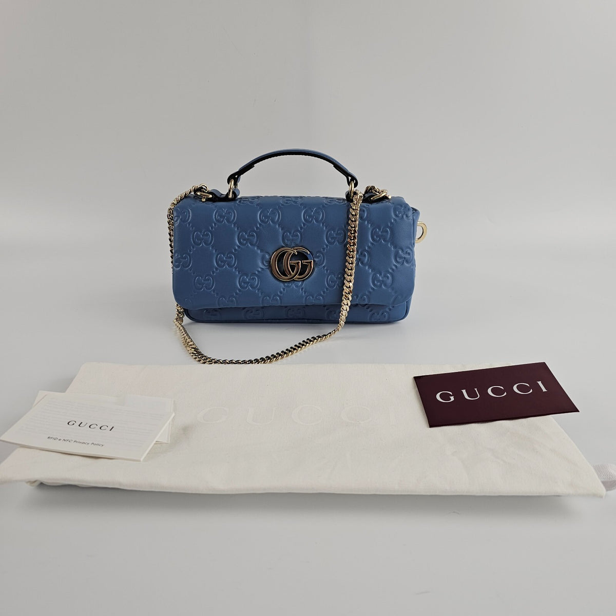 GUCCI Milano GG Small Blue GG Leather Top Handle Bag New/Authentic