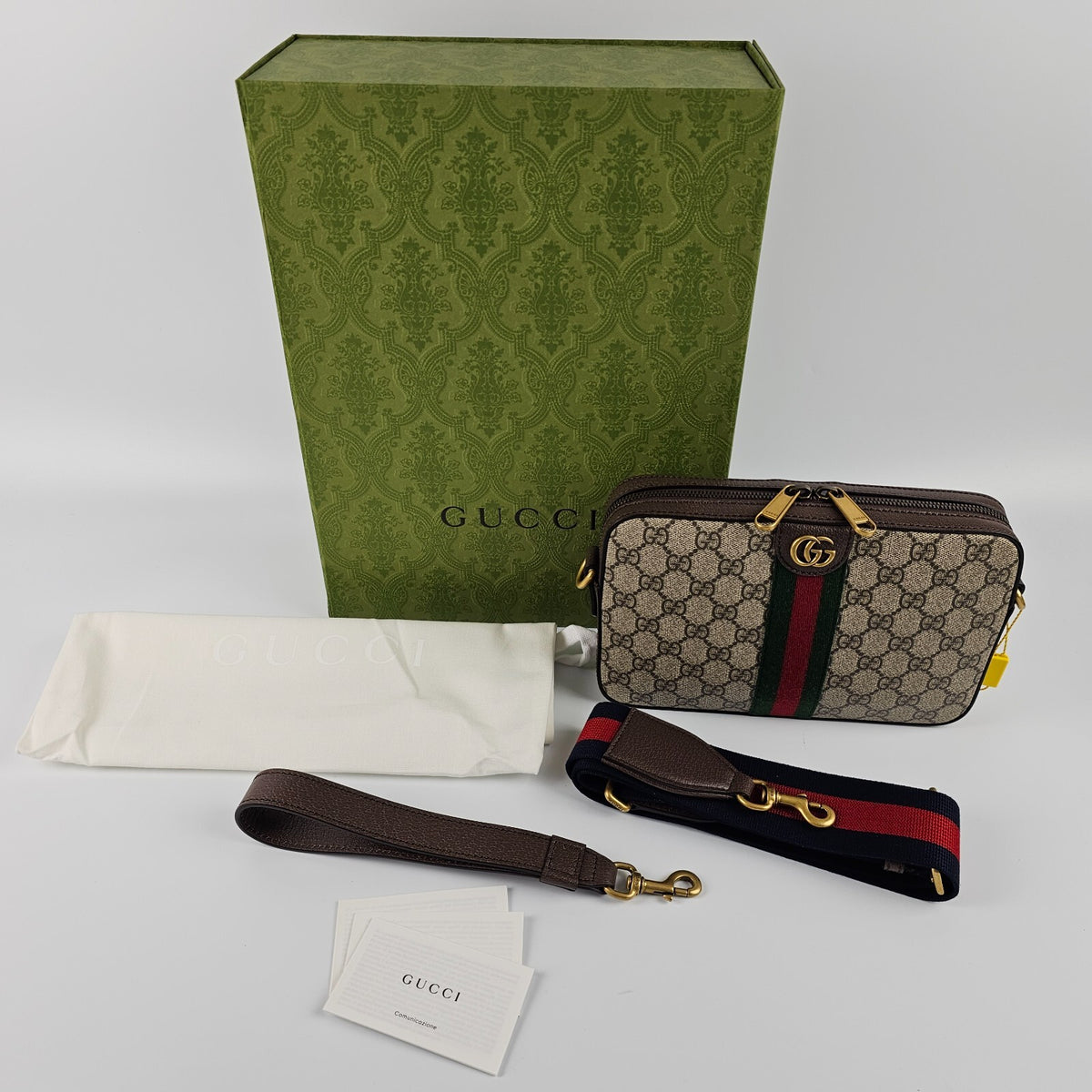 GUCCI Ophidia Small $1790 Beige And Ebony GG Canvas Crossbody Bag New/Authentic