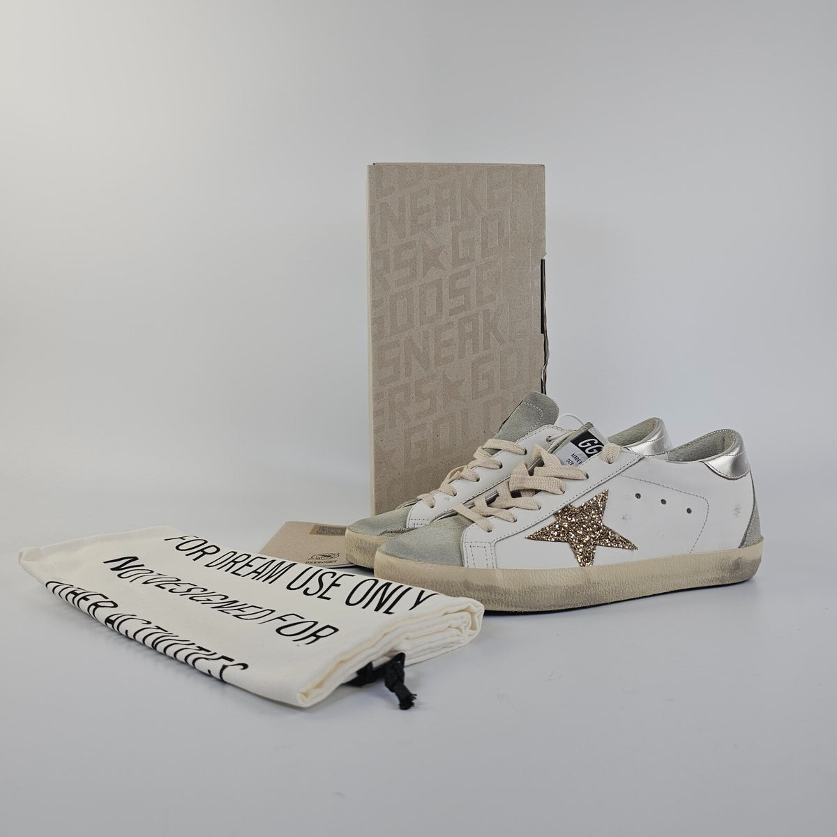 GOLDEN GOOSE Super Star Women's White/Silver Glittered Low Top Sneakers New