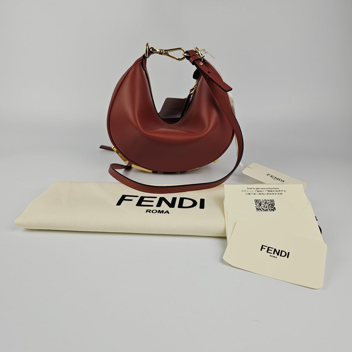 FENDI Fendigraphy Mini $2350 Sienna Brown Leather Top Handle Bag New & Authentic