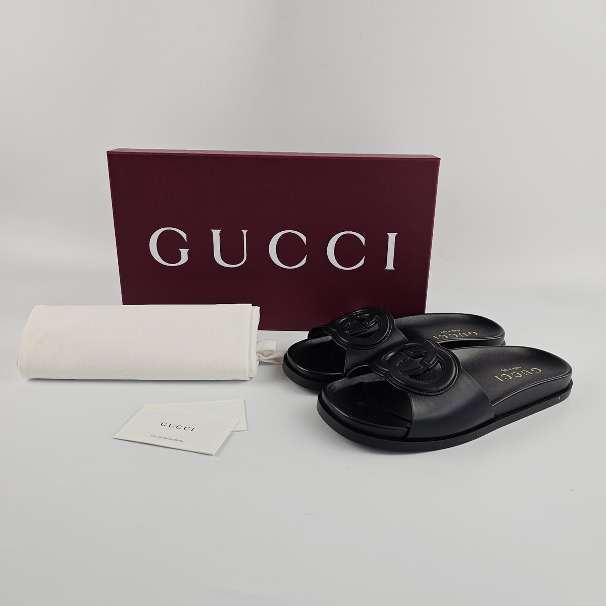 GUCCI Interlocking G $920 Black Leather Sandals New & Authentic