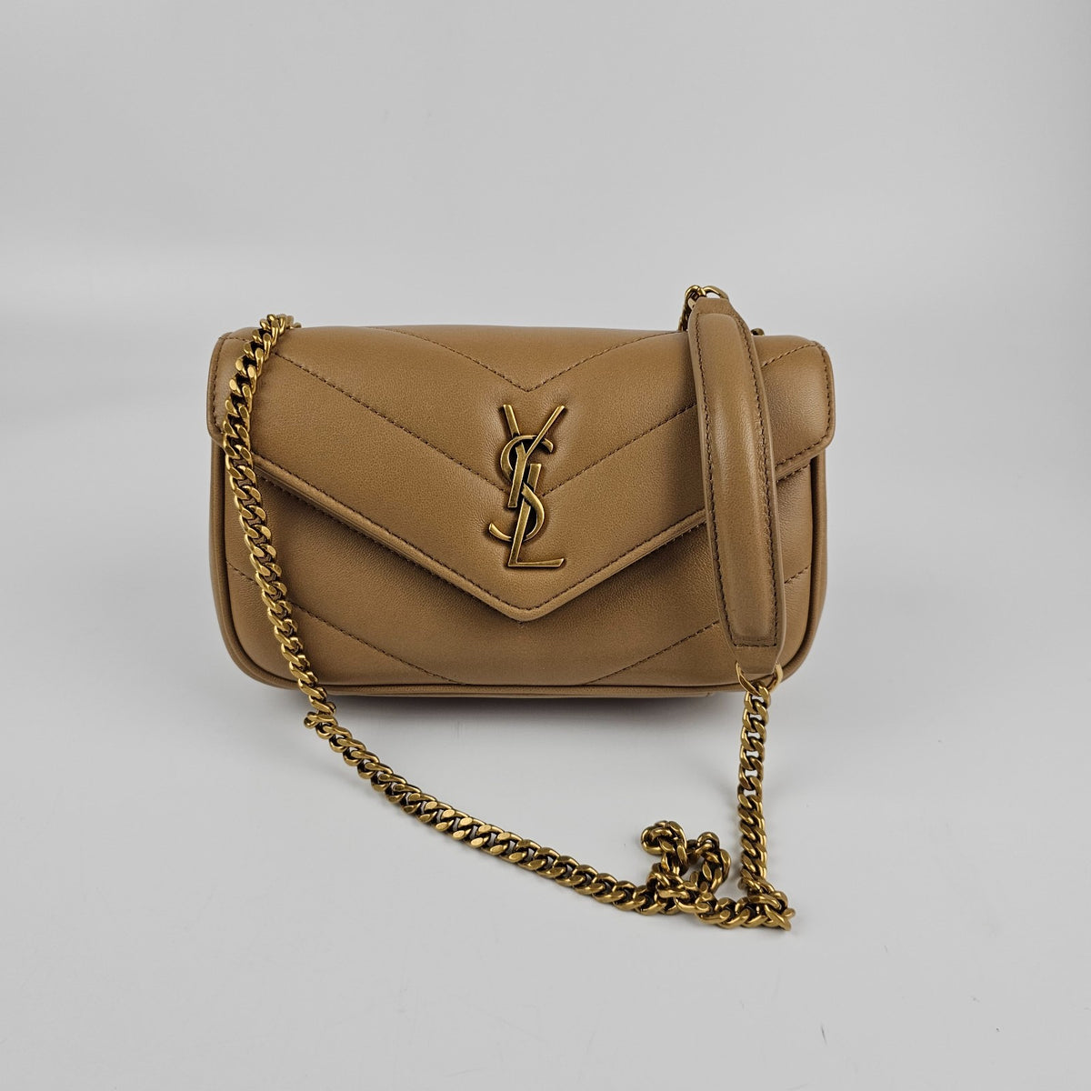 SAINT LAURENT Loulou Mini $2150 Natural Tan Leather Shoulder Bag New