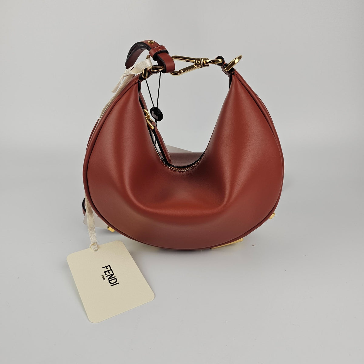 FENDI Fendigraphy Mini $2350 Sienna Brown Leather Top Handle Bag New & Authentic