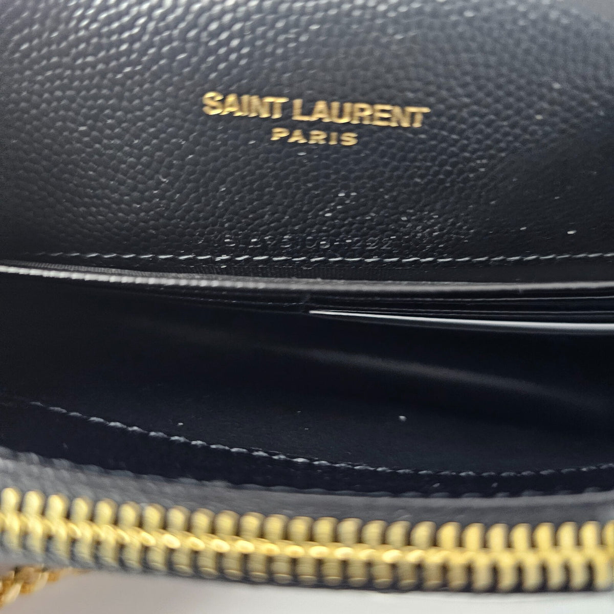 SAINT LAURENT Cassandre Envelope Black/Gold Grained Leather Chain Wallet New