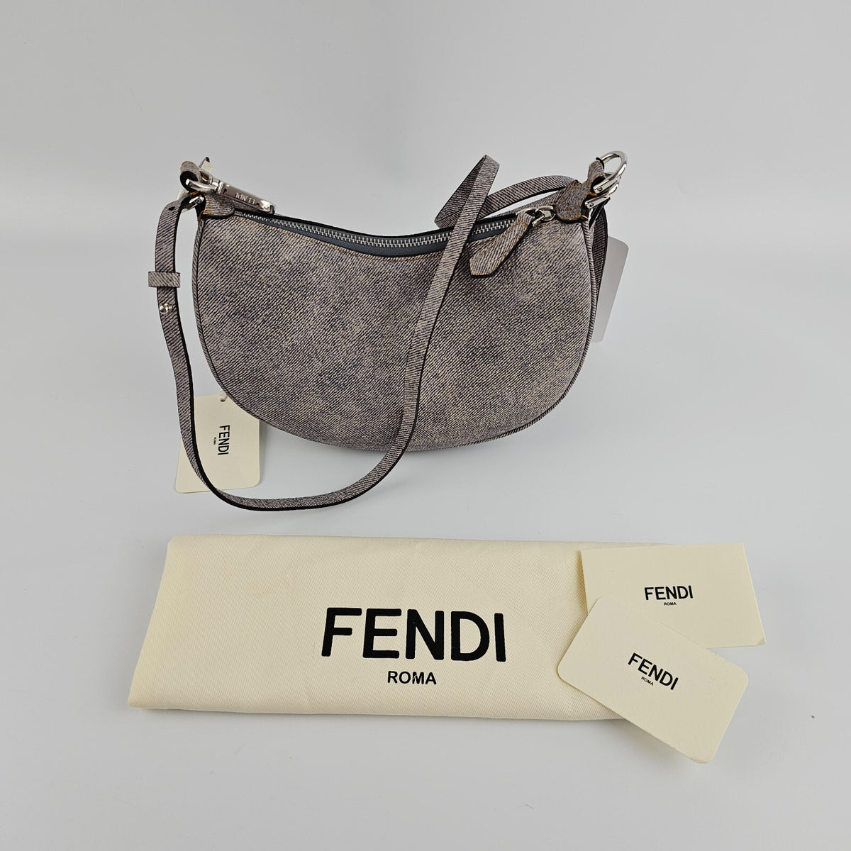 FENDI Fendigraphy Mini $2400 Gray Leather Denim Top Handle Bag New & Authentic