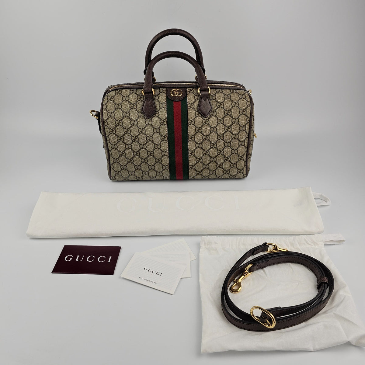 GUCCI Ophidia Large Boston Beige/Ebony GG Canvas Top Handle Bag New & Authentic