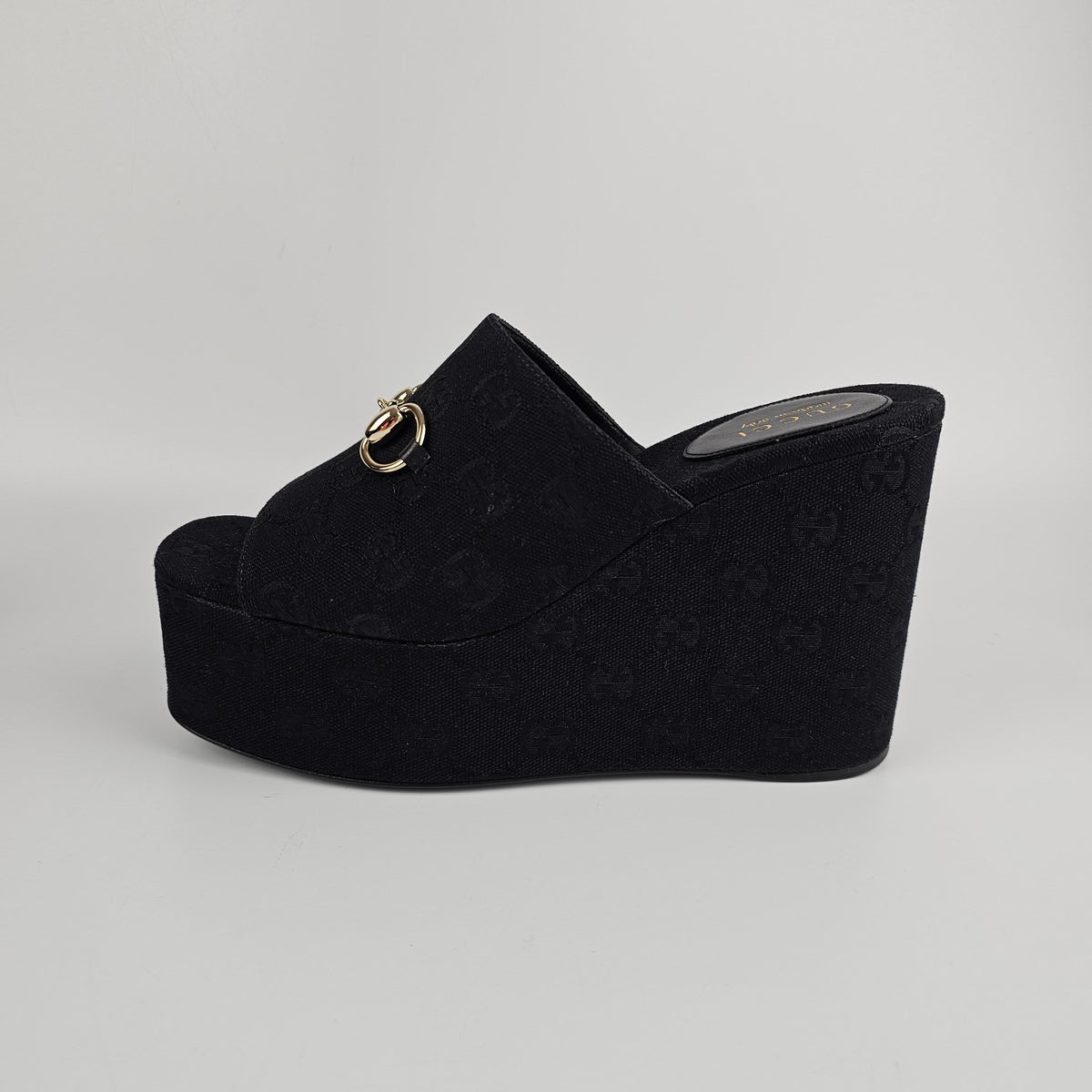 GUCCI Black GG Canvas Horsebit Wedge Sandals New & Authentic