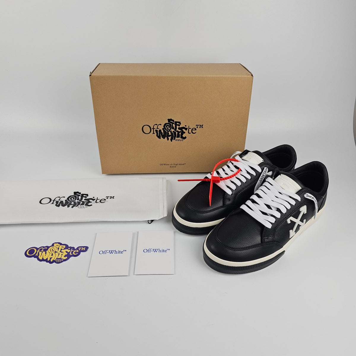 OFF-WHITE Vulcanized Black Leather Low Top Sneakers New & Authentic