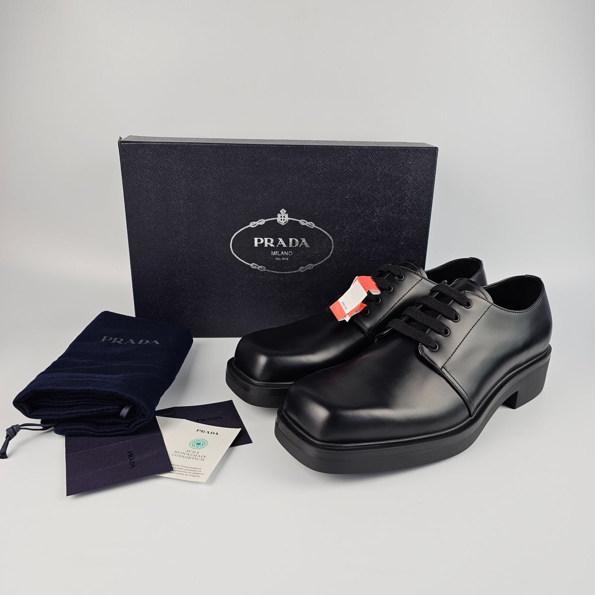 PRADA Black Brushed Leather Derby Shoes New And Authentic