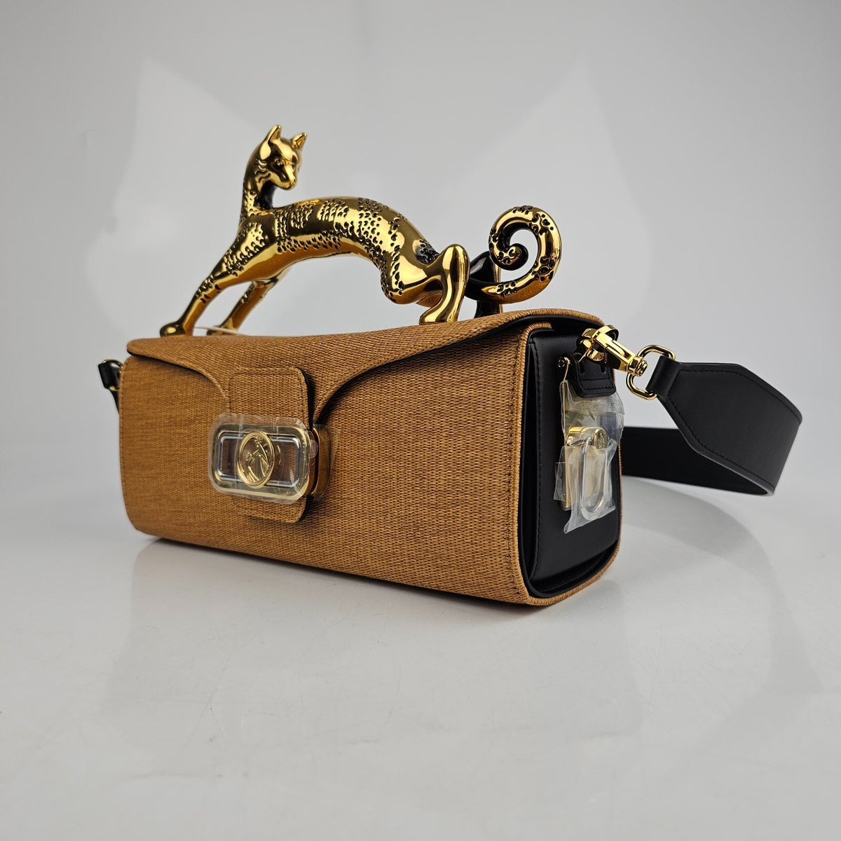 LANVIN Cat Straw Yellow Raffia Top Handle Pencil Box Bag New