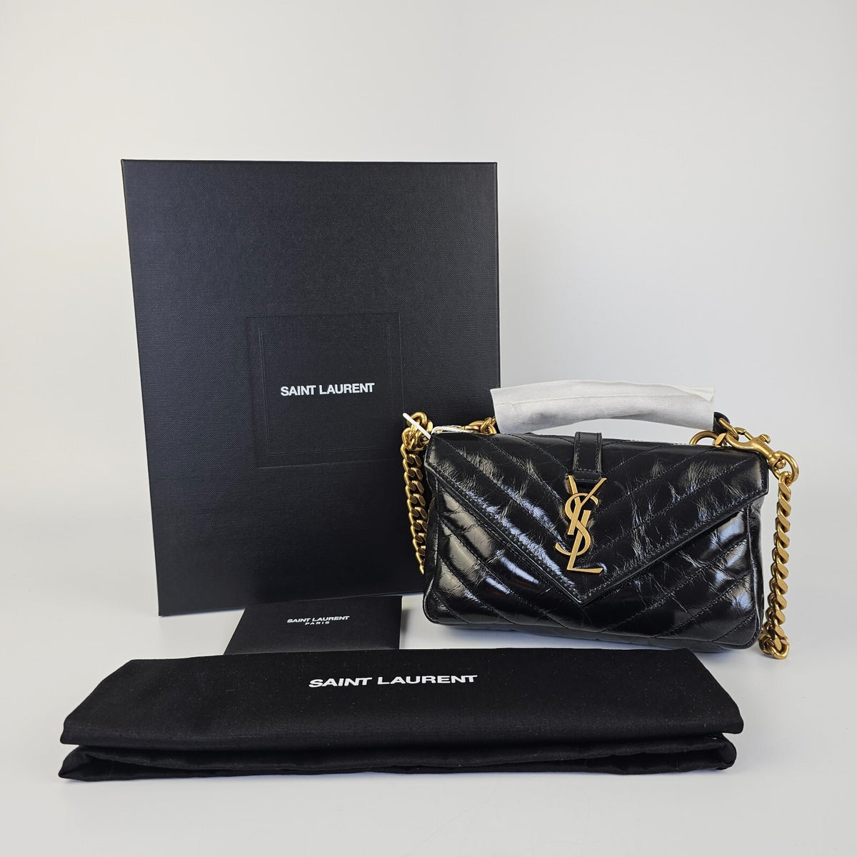 SAINT LAURENT College Mini Black Shiny Leather Shoulder Bag New/Authentic