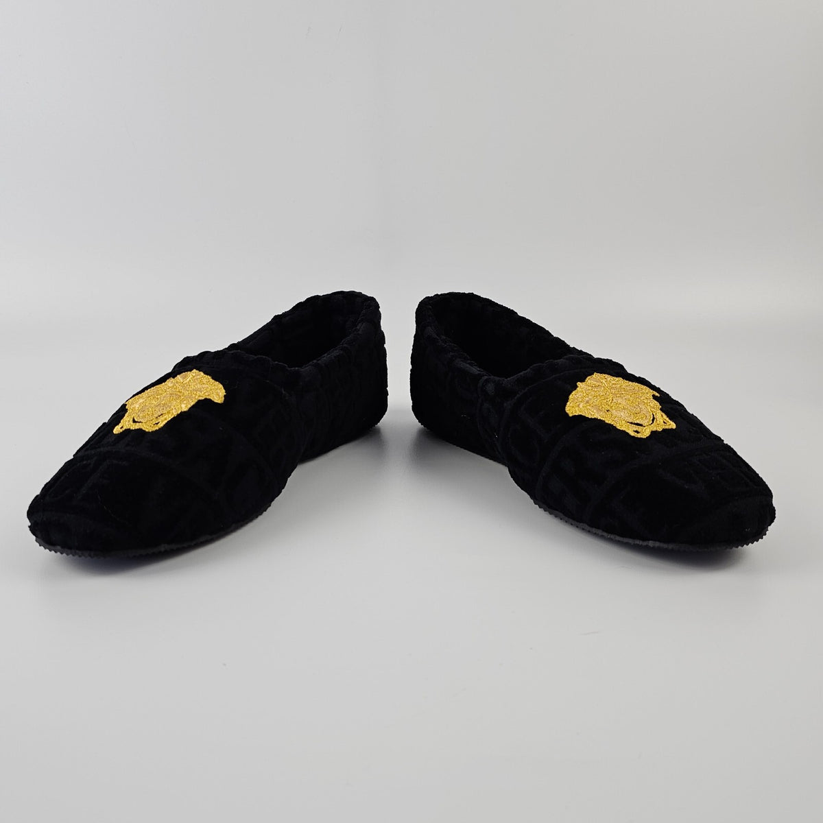 VERSACE Allover Black Cotton Slippers New