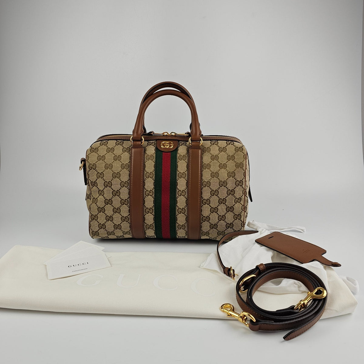 GUCCI Ophidia Medium Boston $2600 Beige/Brown Top Handle Bag New & Authentic