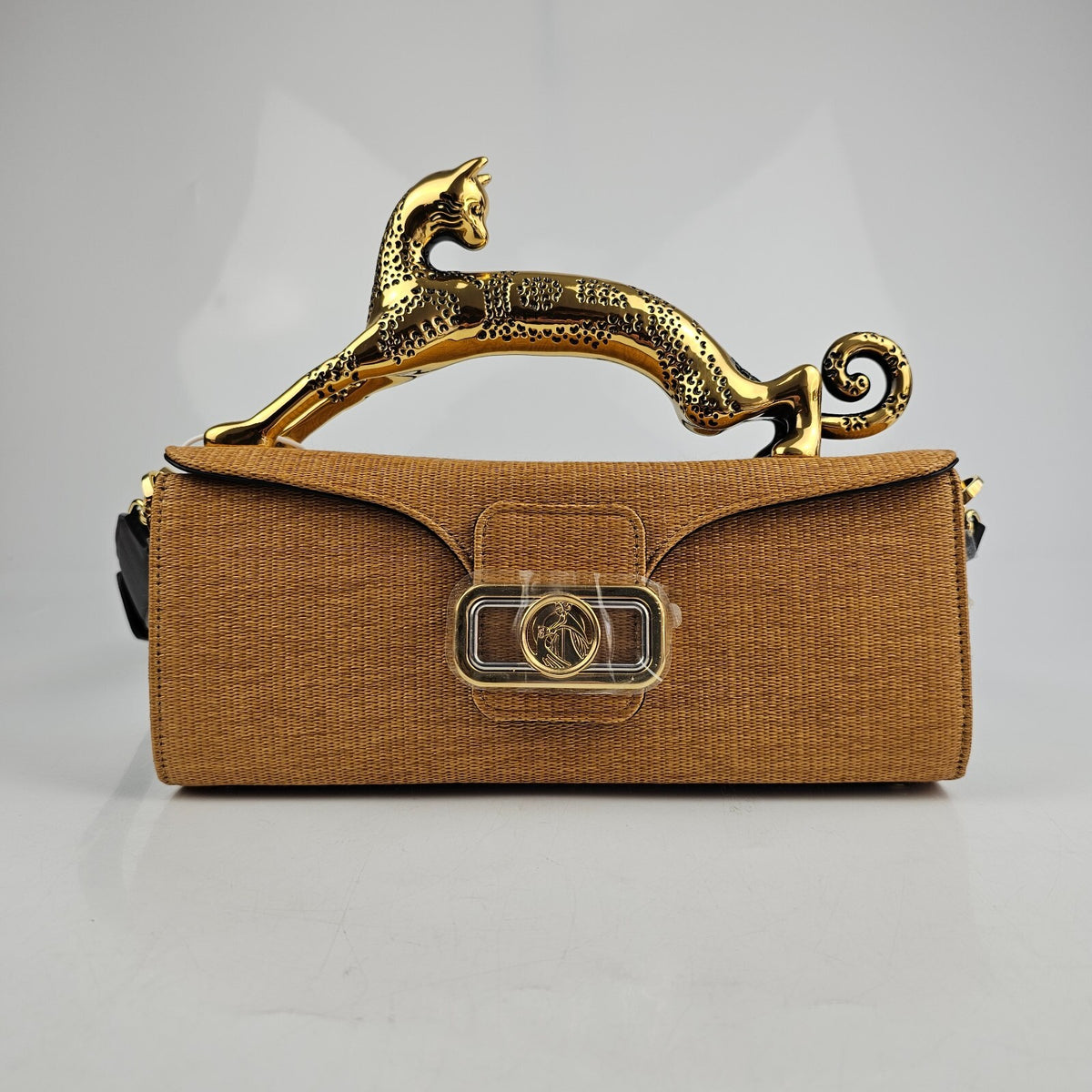 LANVIN Cat Straw Yellow Raffia Top Handle Pencil Box Bag New