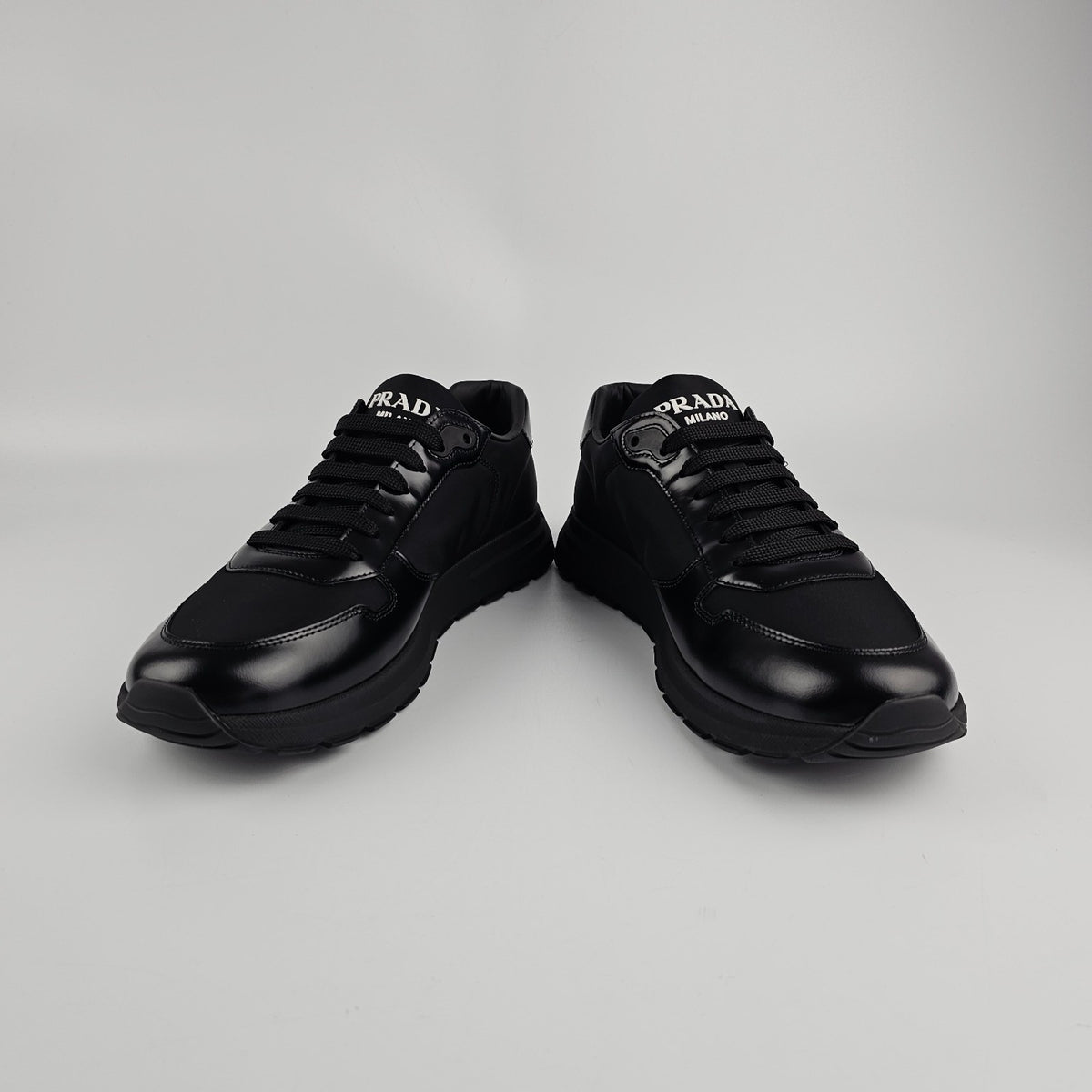 PRADA Prax Black Re-Nylon/Brushed Leather Sneakers New