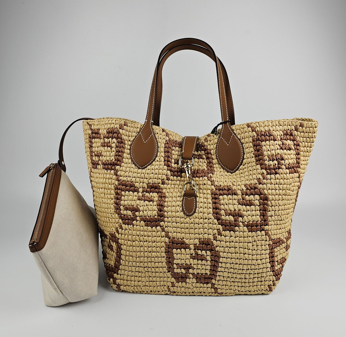 GUCCI $3650 Natural/Brown GG Raffia Medium Tote Bag New & Authentic