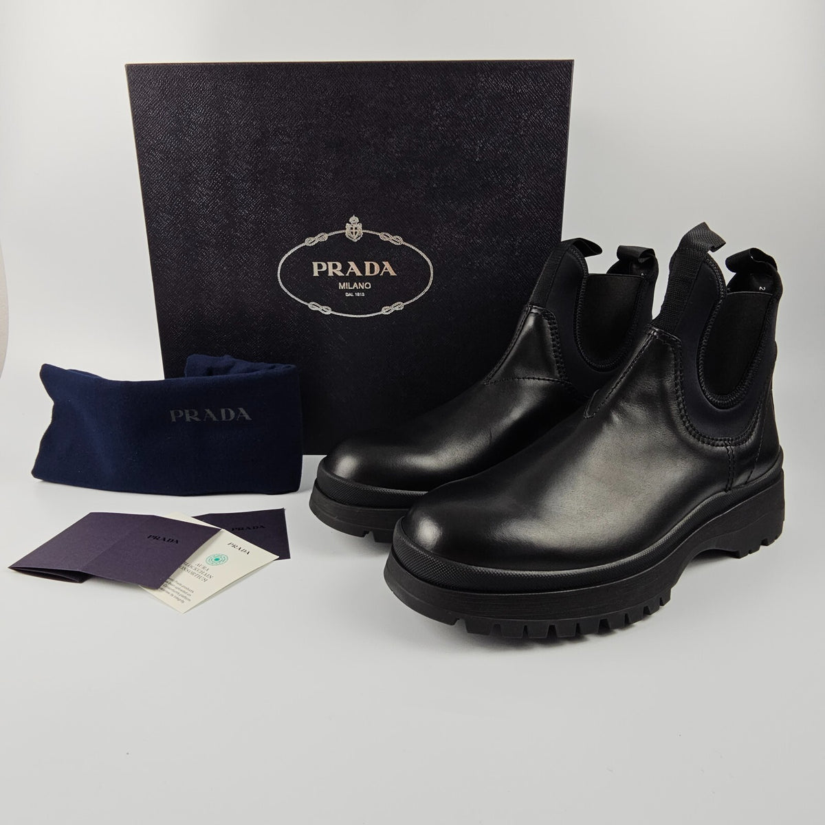 PRADA $1450 Black Leather And Stretch Fabric Chelsea Boots New/Authentic