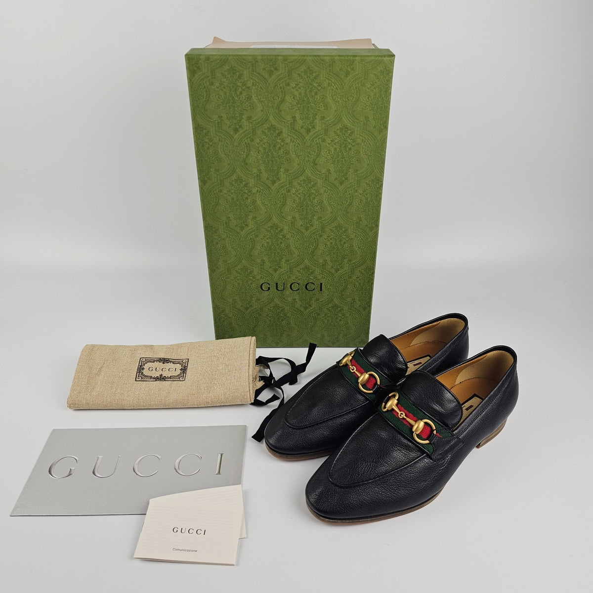 GUCCI Men's Black Leather With Horsebit And Web Loafers New & Authentic