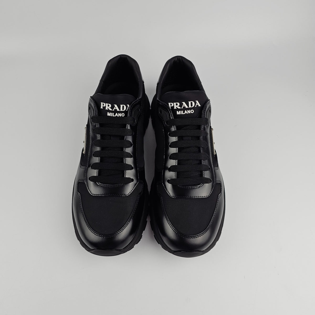 PRADA Prax Black Re-Nylon/Brushed Leather Sneakers New