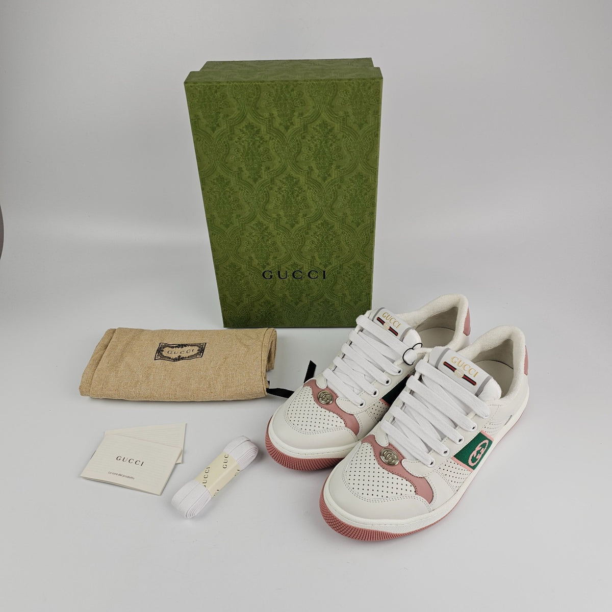 GUCCI Screener Women's White And Pink Sneakers New And Authentic