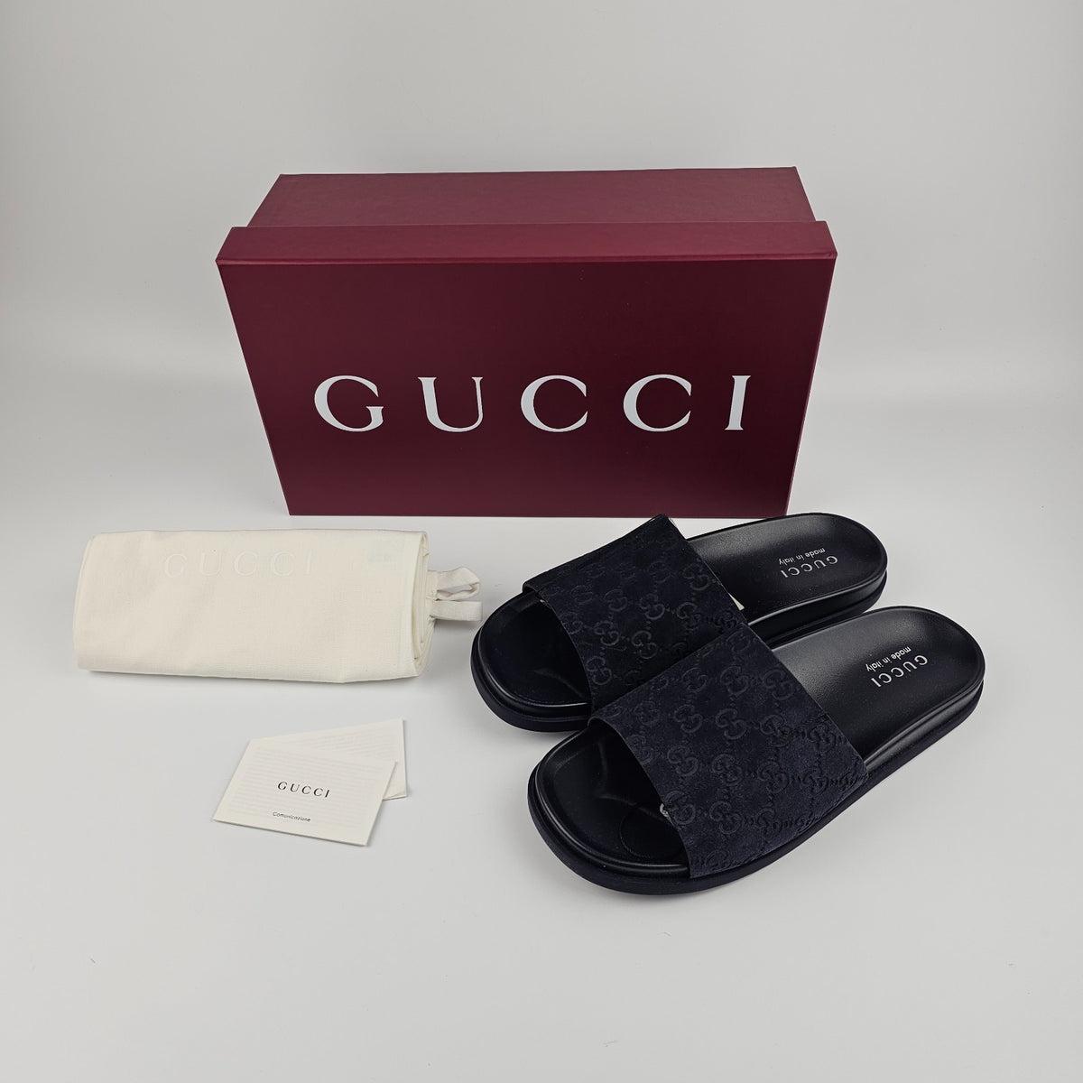 GUCCI Men's Blue GG Suede Slide Sandals New & Authentic