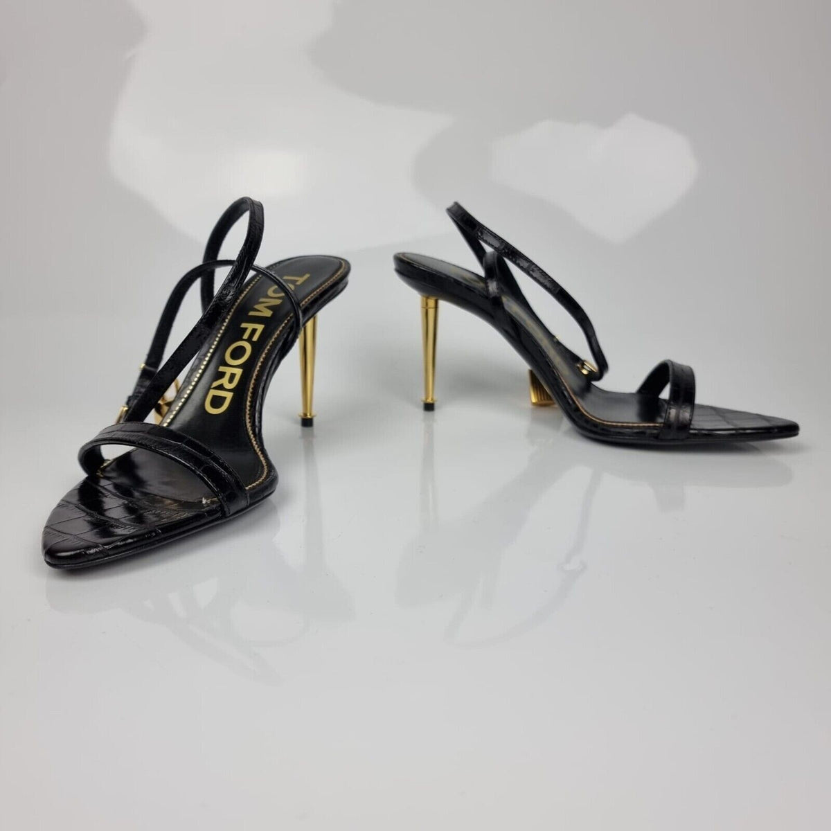 TOM FORD Padlock 85mm Black Embossed Leather Sandals New Size 37 US 7
