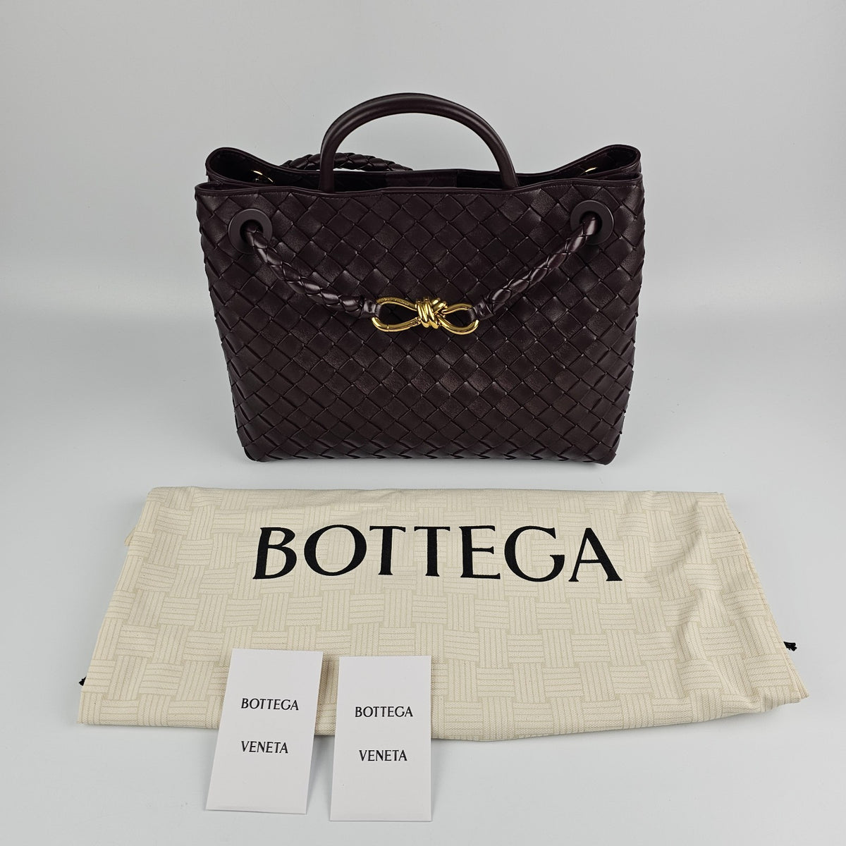 BOTTEGA VENETA Andiamo Medium $5700 Dark Barolo Leather Top Handle Bag New