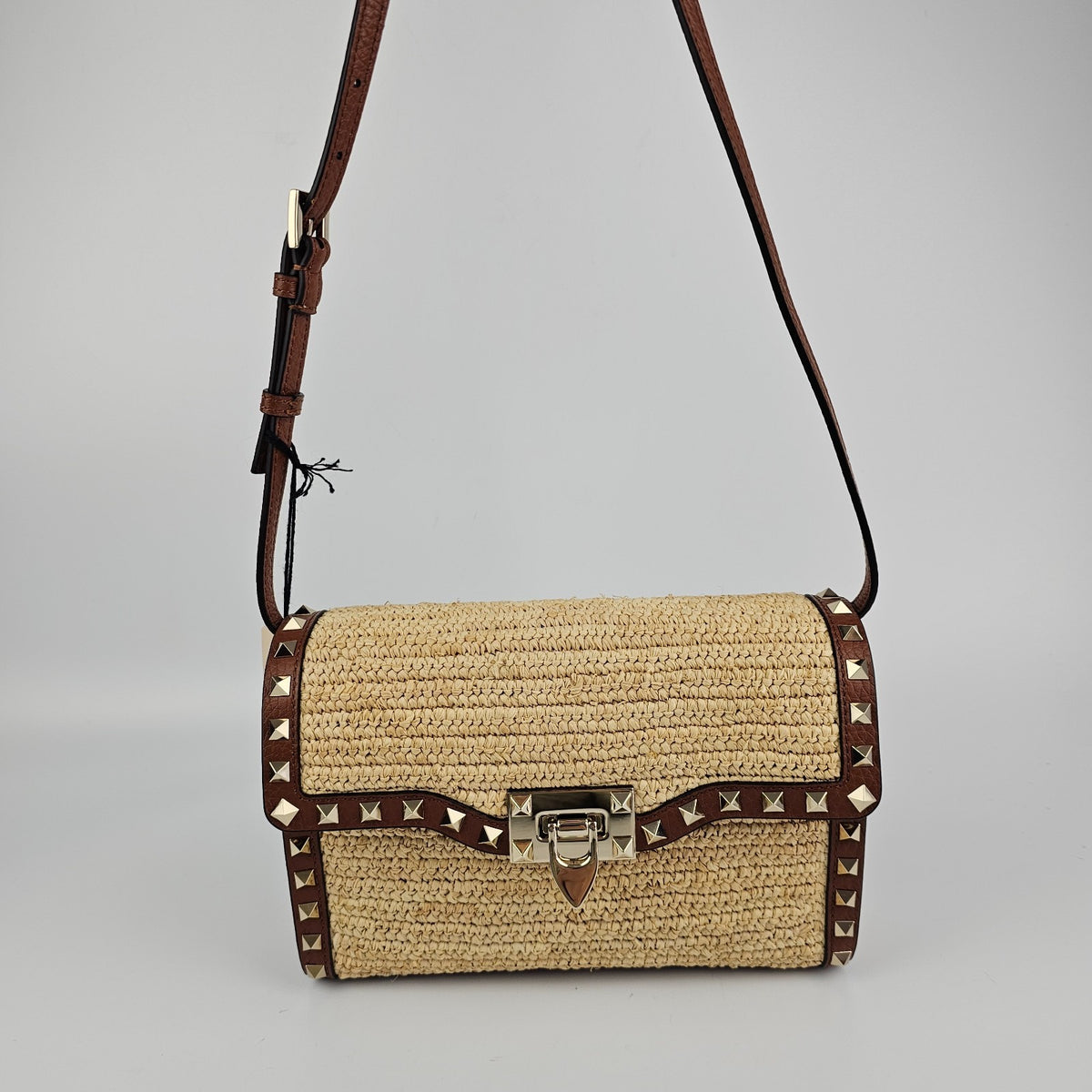 VALENTINO GARAVANI Rockstud Small Brown Raffia Crossbody Bag New And Authentic