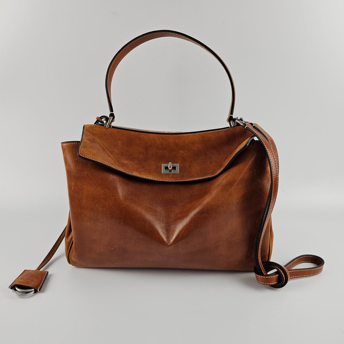 BALENCIAGA Rodeo Medium $4600 Tan Cowboy Leather Handbag New & Authentic