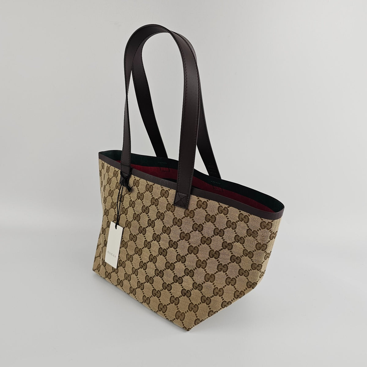 GUCCI Totissima Small $2100 Beige And Ebony GG Canvas Tote Bag New & Authentic