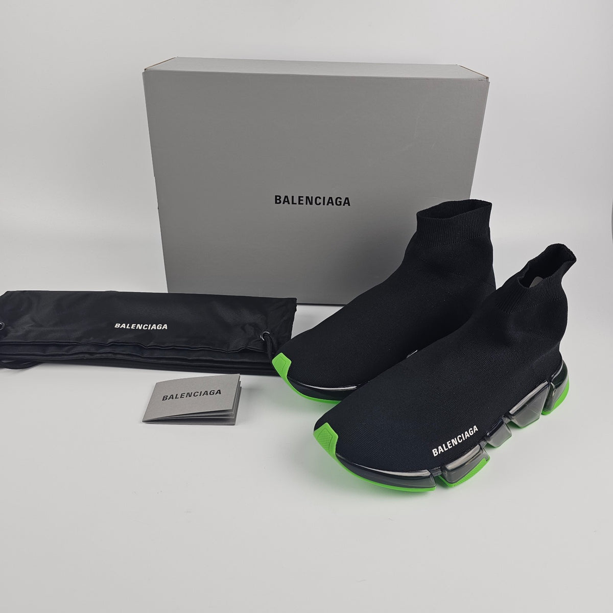 BALENCIAGA Speed 2.0 Full Clear Sole $1100 Black/Neon Green Sneakers New