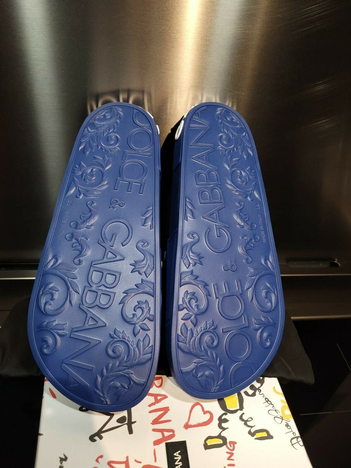 DOLCE&GABBANA Rubber Blue/White Slide Sandals New Size 39 US 6