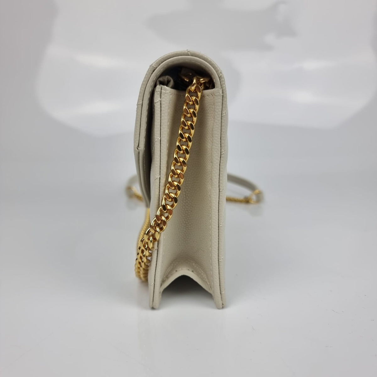 SAINT LAURENT Cassandre Envelope Crema Soft Grained Leather Chain Wallet New